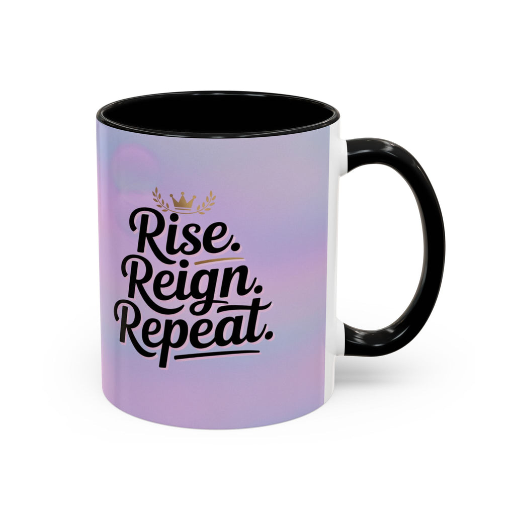 Mug with 'Rise. Reign. Repeat.' text on a gradient purple and purple and white background