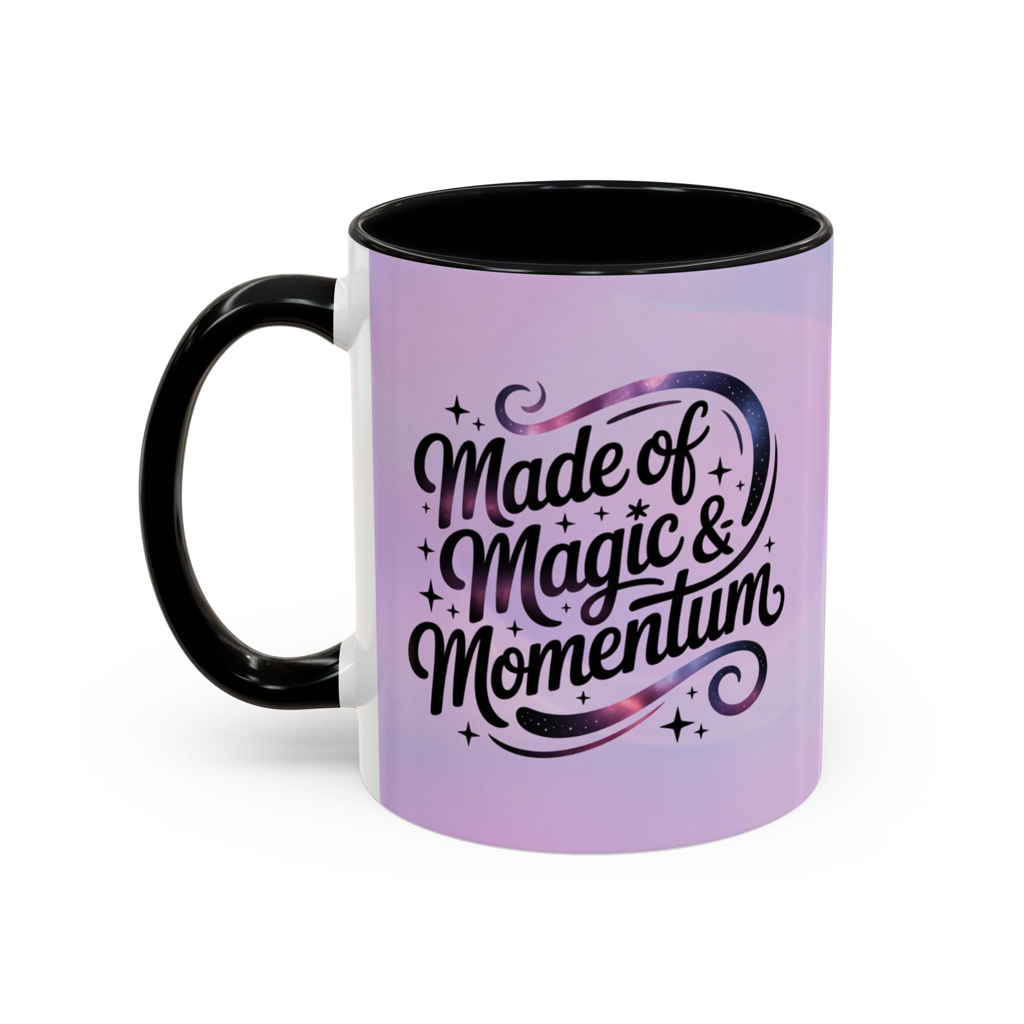 Purple mug with black handle and text 'Made of Magic & Momentum' on a white background