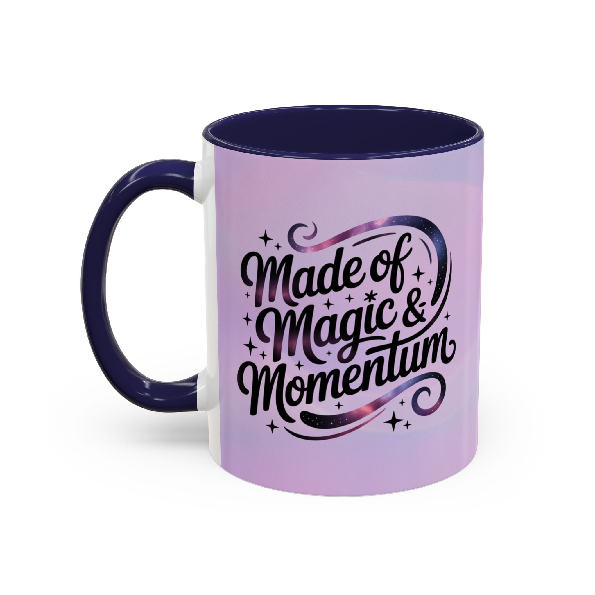 Purple mug with blue handle featuring text 'Made of Magic & Momentum' on a white background