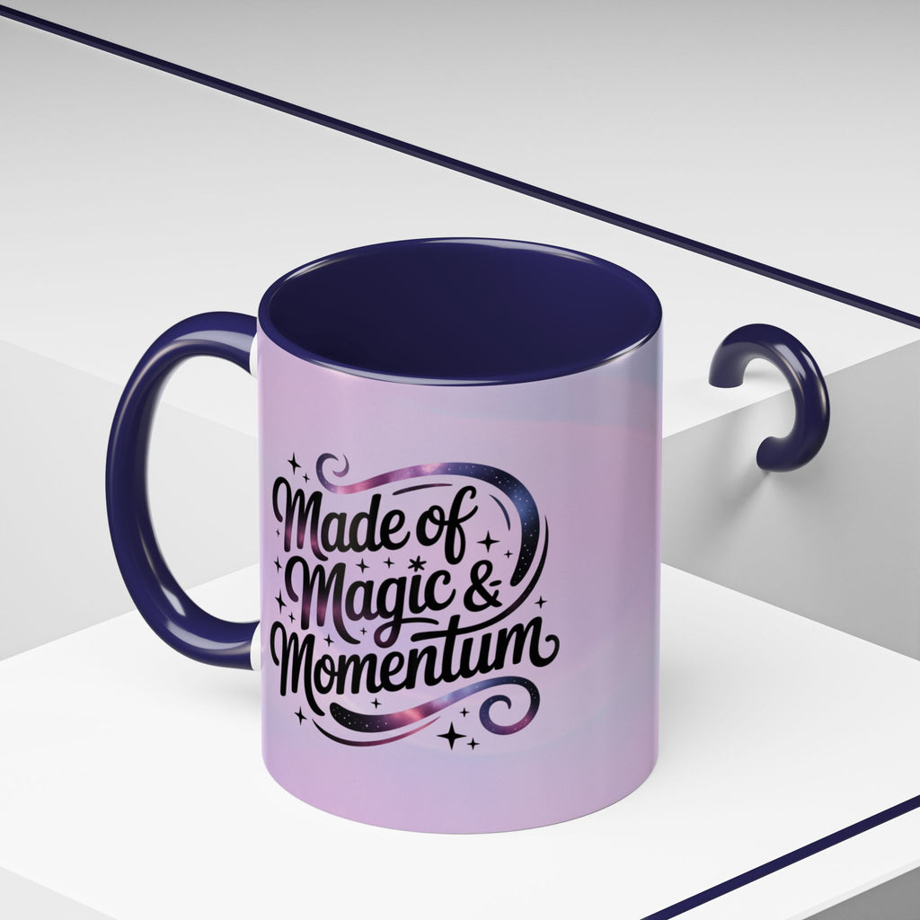 Purple mug with 'Made of Magic & Momentum' text on a white background
