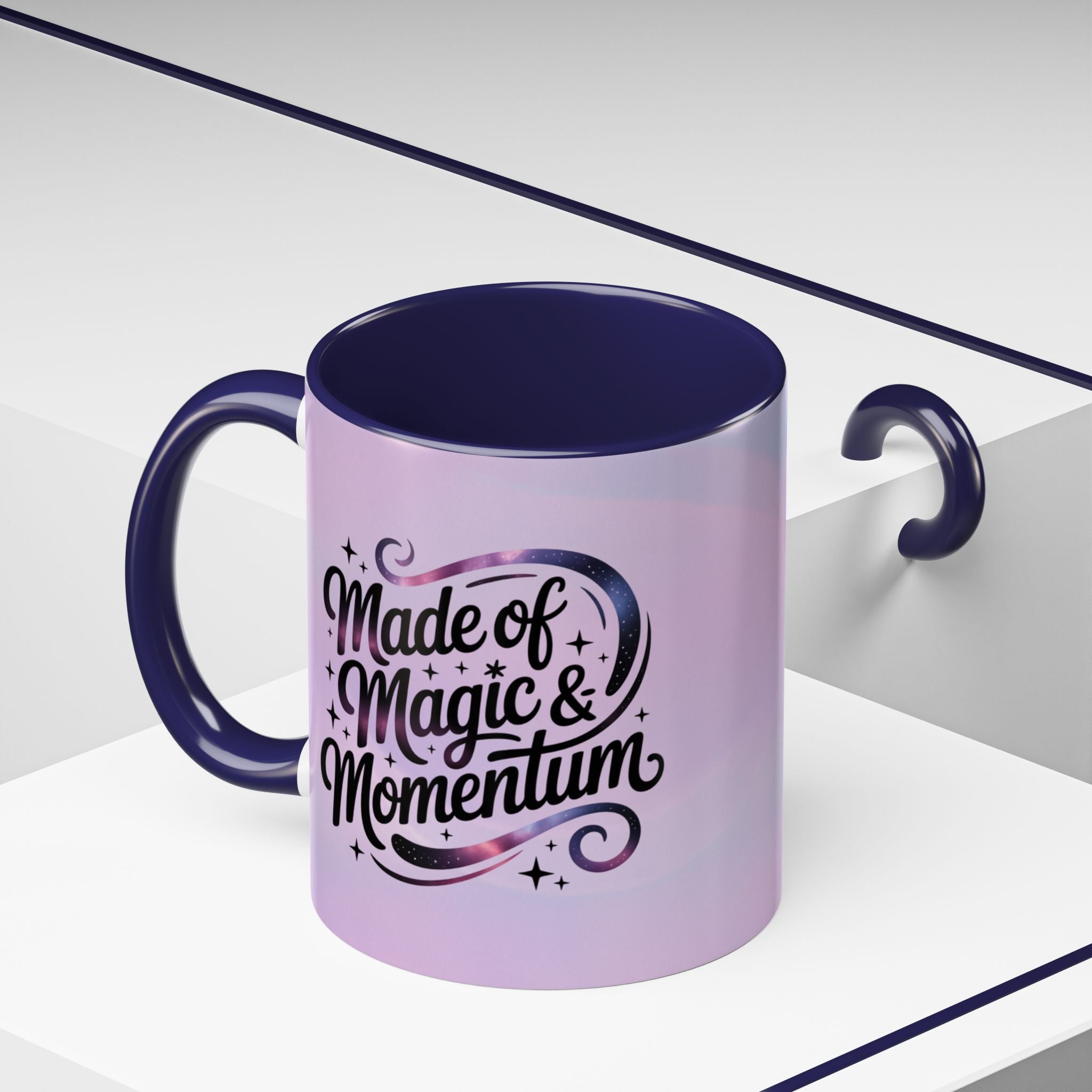 Purple mug with 'Made of Magic & Momentum' text on a white background