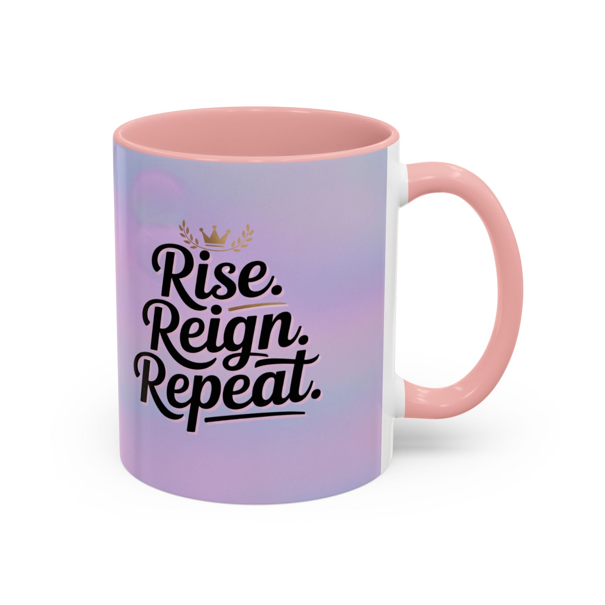 Mug with 'Rise. Reign. Repeat.' text on a gradient background