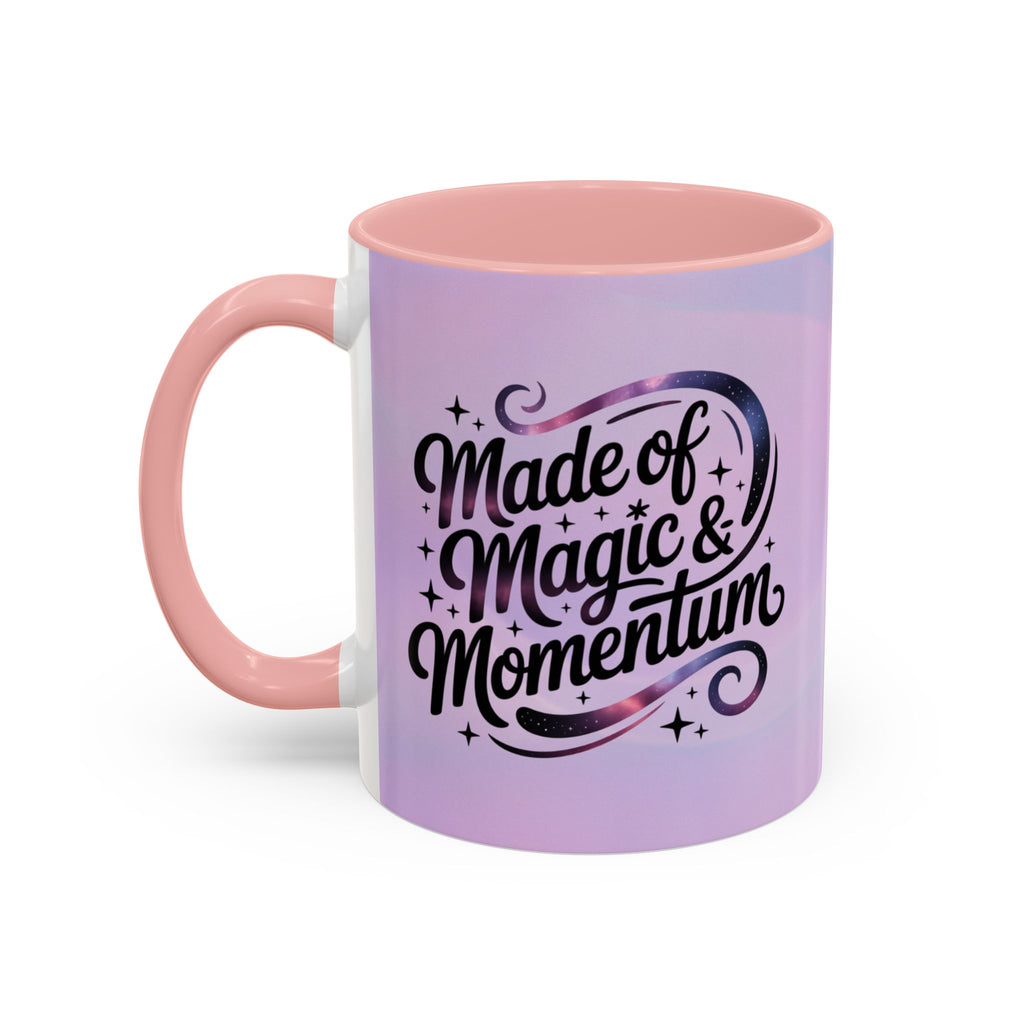 Mug with 'Made of Magic & Momentum' text on a white background