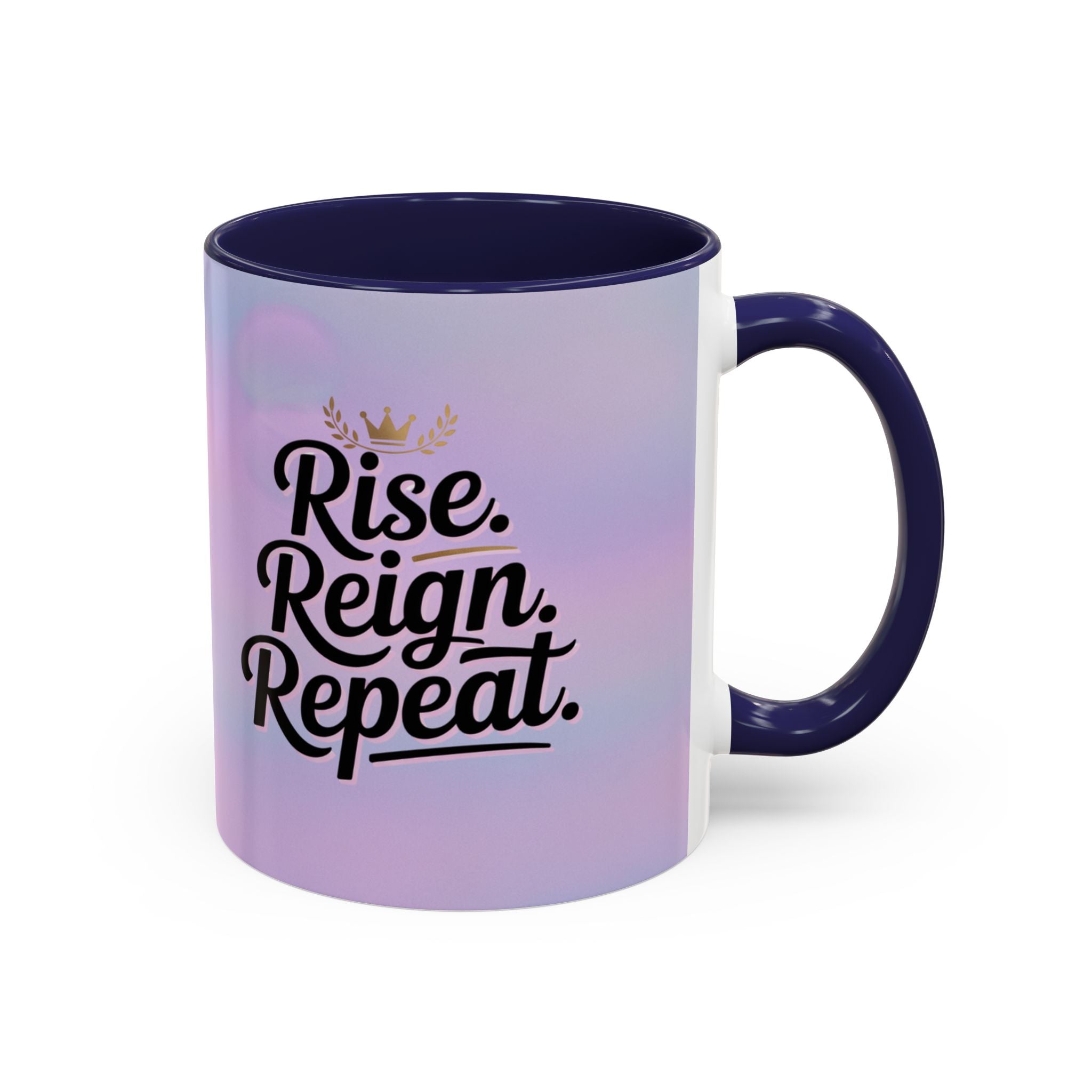 Mug with 'Rise. Reign. Repeat.' text on a gradient background