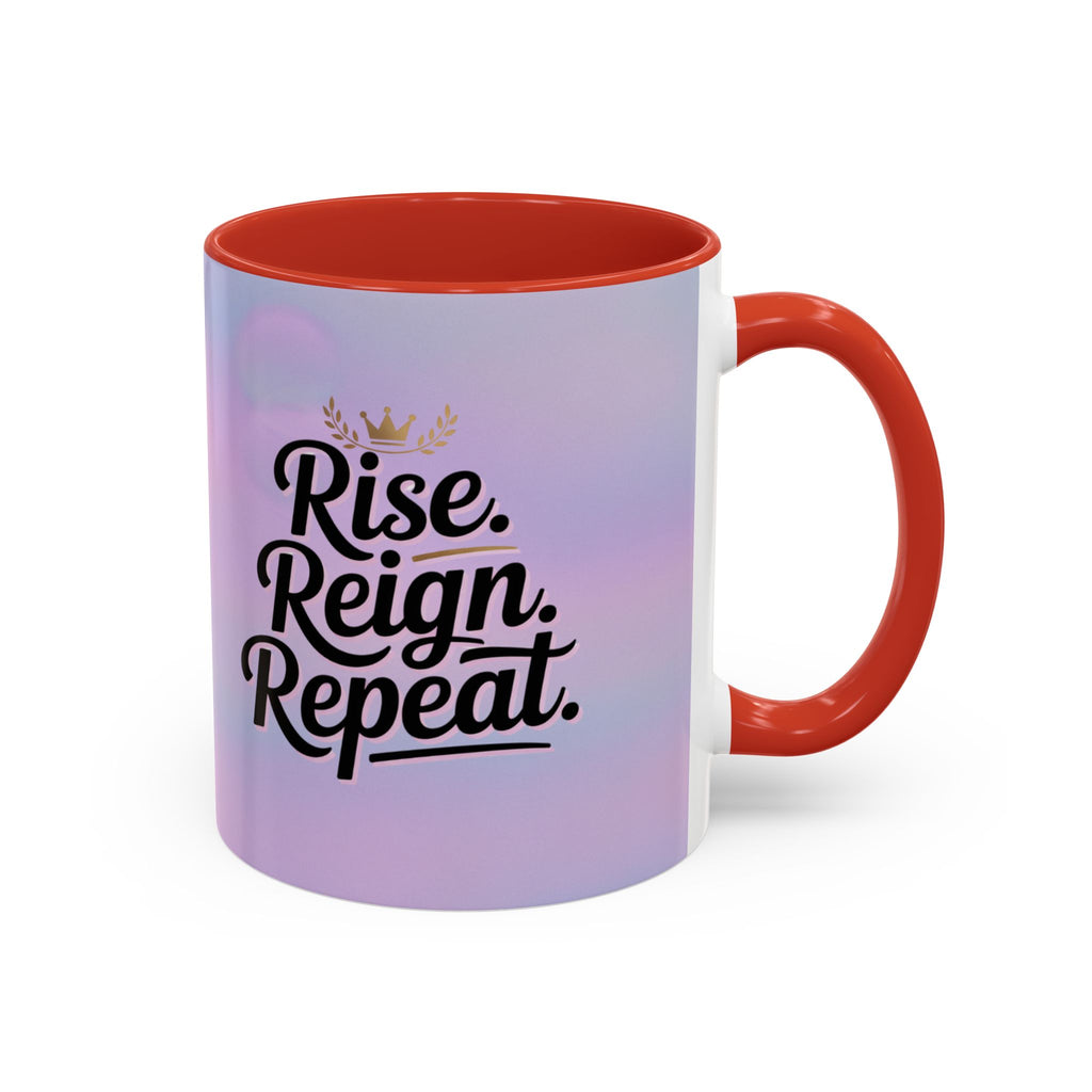 Mug with 'Rise. Reign. Repeat.' text on a gradient background