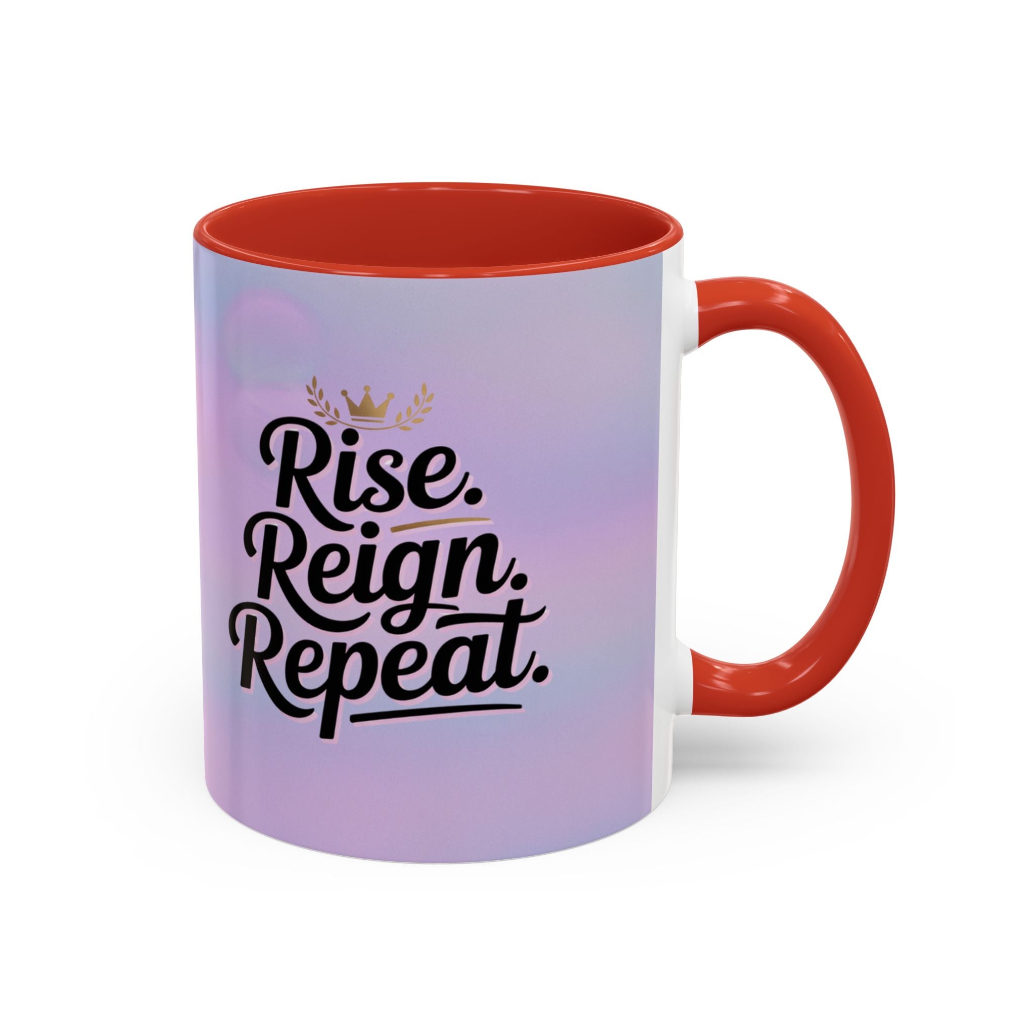 Mug with 'Rise. Reign. Repeat.' text on a gradient background