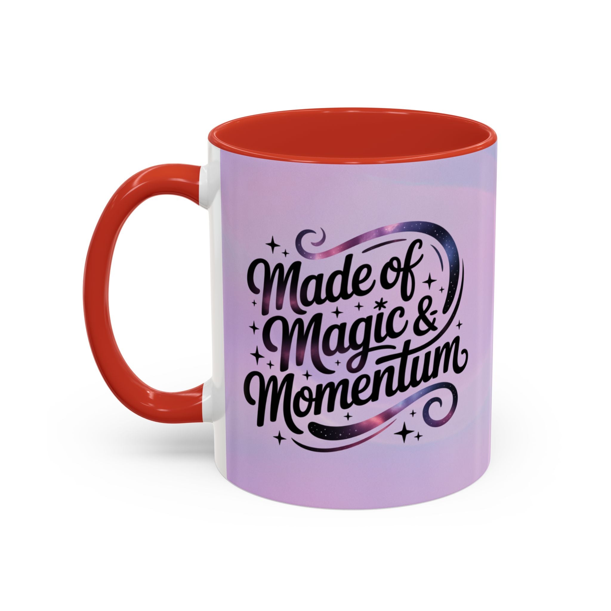 Mug with 'Made of Magic & Momentum' text on a white background