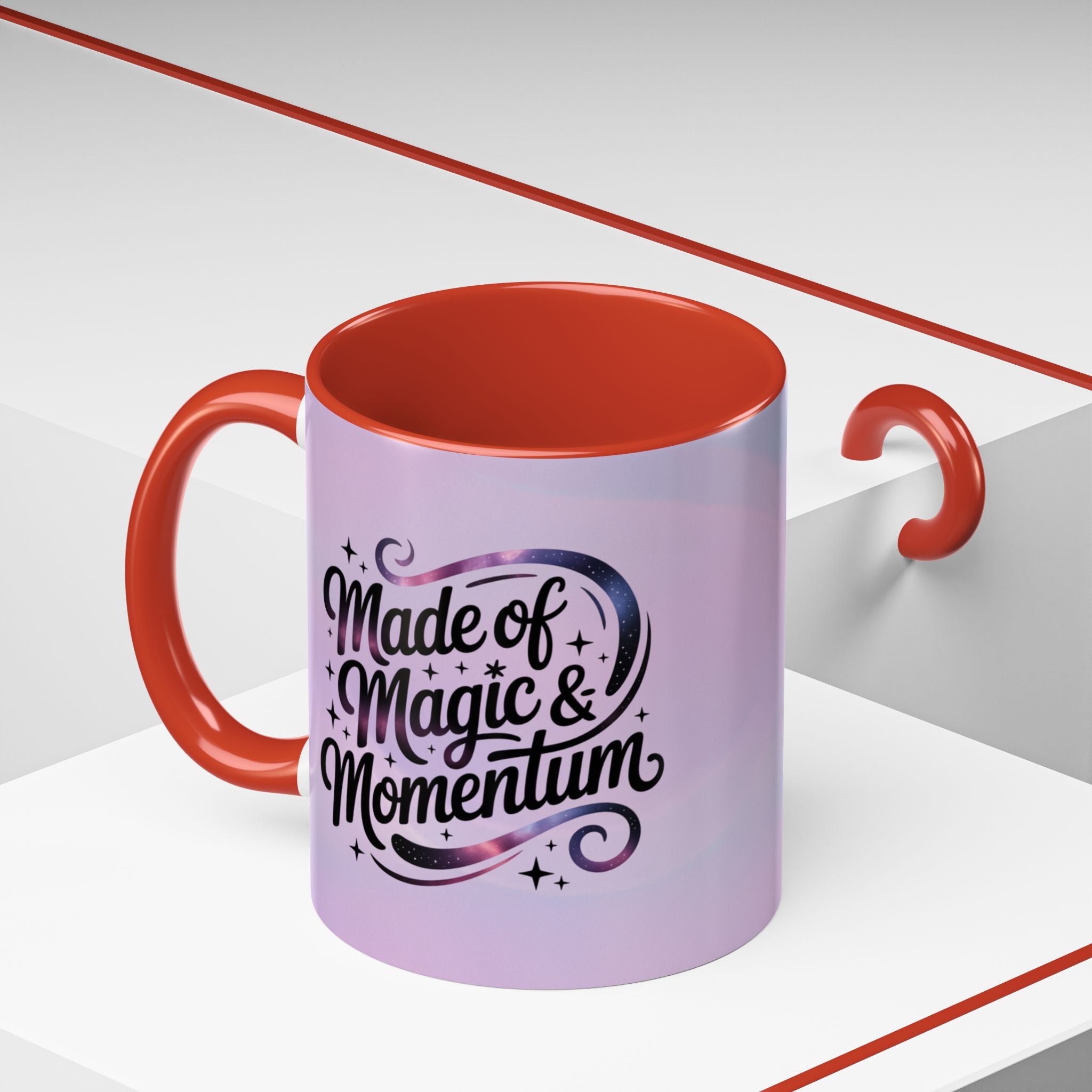 Purple mug with red interior and handle, featuring the text 'Made of Magic & Momentum' on a white background.