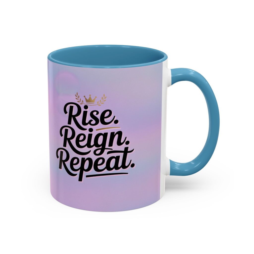 Mug with 'Rise. Reign. Repeat.' text on a gradient background