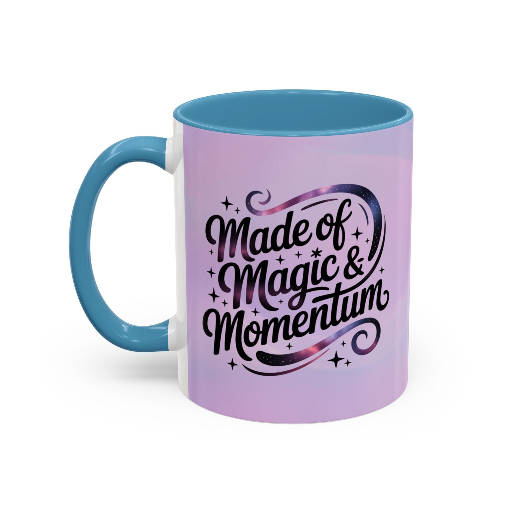 Mug with 'Made of Magic & Momentum' text on a white background