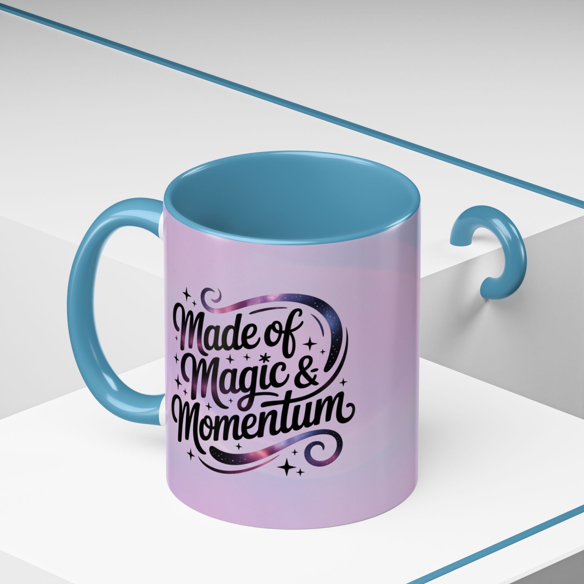 Purple mug with blue interior and handle, featuring the text 'Made of Magic & Momentum' on a white background.