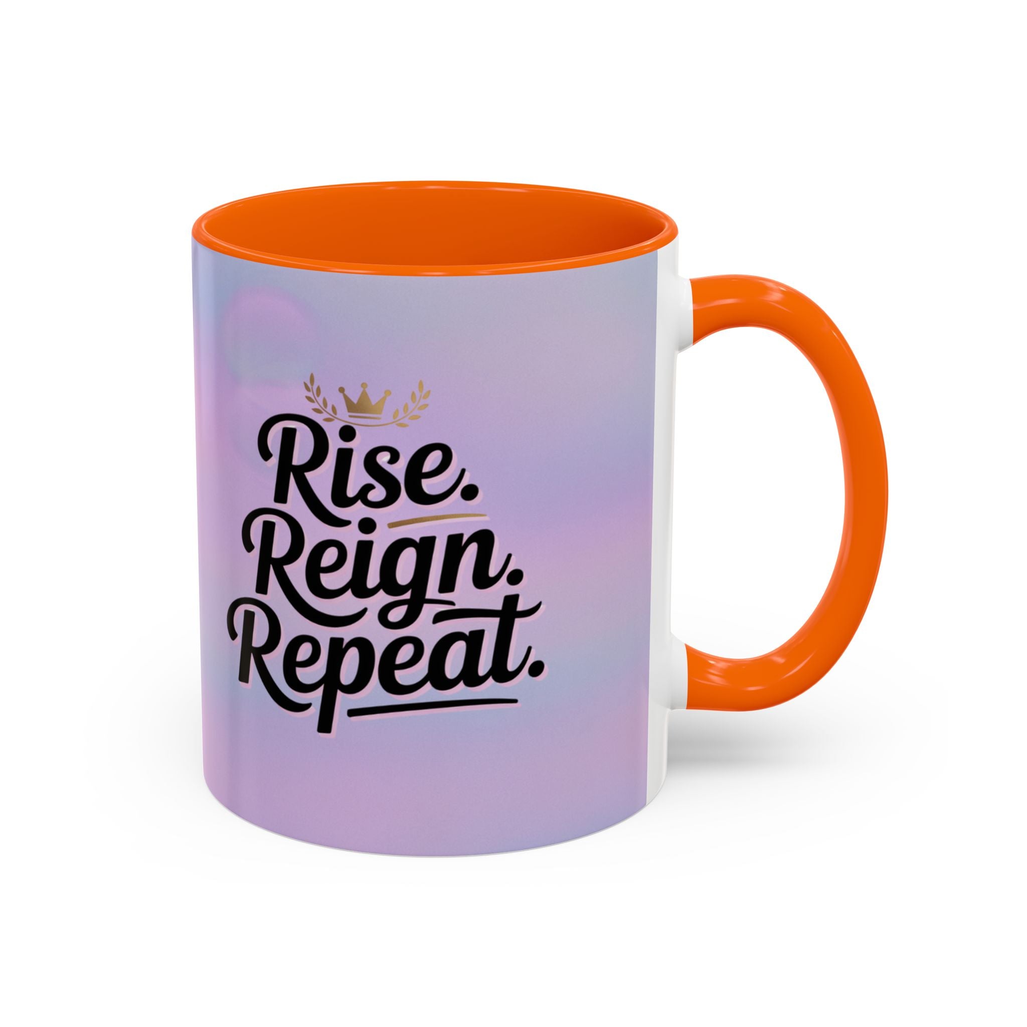 Mug with 'Rise. Reign. Repeat.' text and orange handle and interior on a gradient background