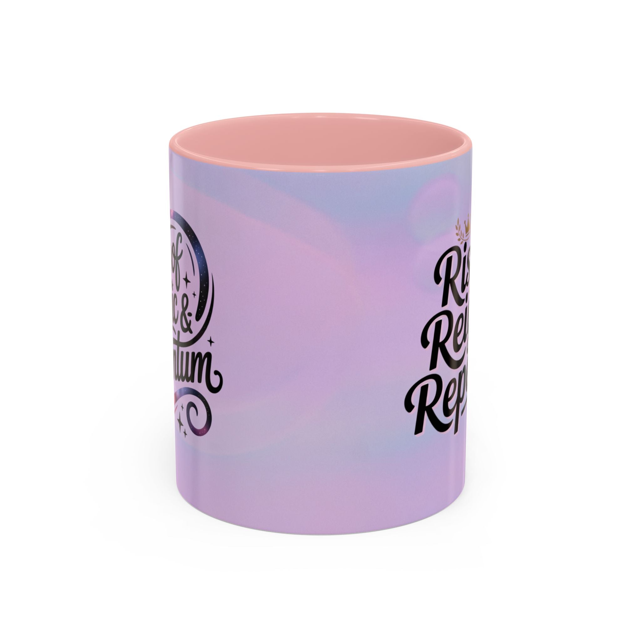Gradient mug with pink interior and 'Rum & Rye' branding on a white background