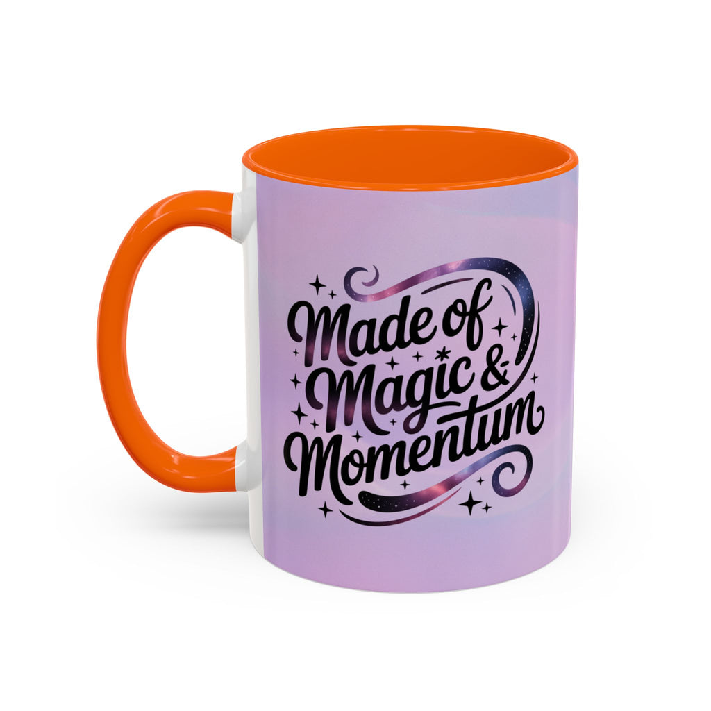 Mug with 'Made of Magic & Momentum' text on a gradient background