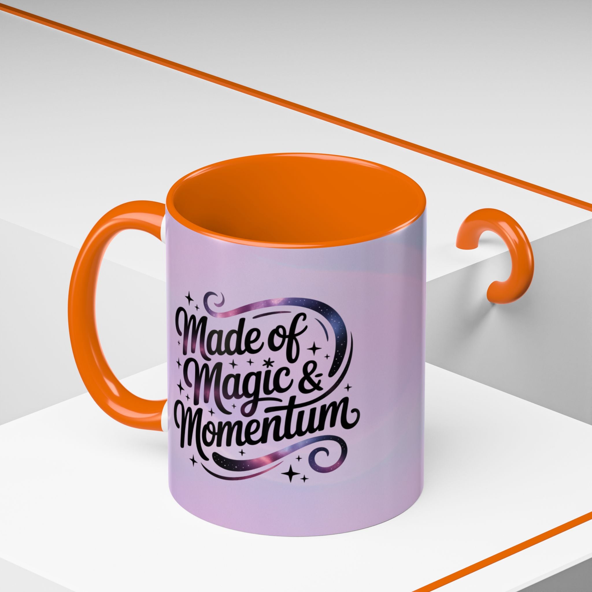 Purple mug with orange interior and handle, featuring the text 'Made of Magic & Momentum' on a white background.