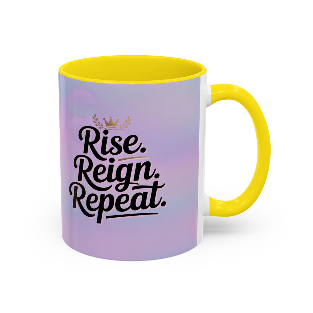 Mug with 'Rise. Reign. Repeat.' text on a gradient background