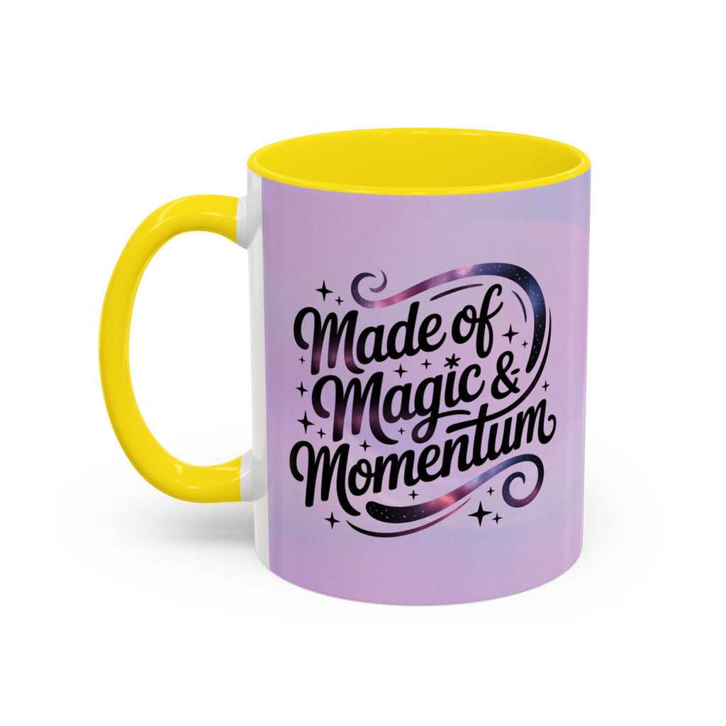 Mug with 'Made of Magic & Momentum' text on a gradient purple background