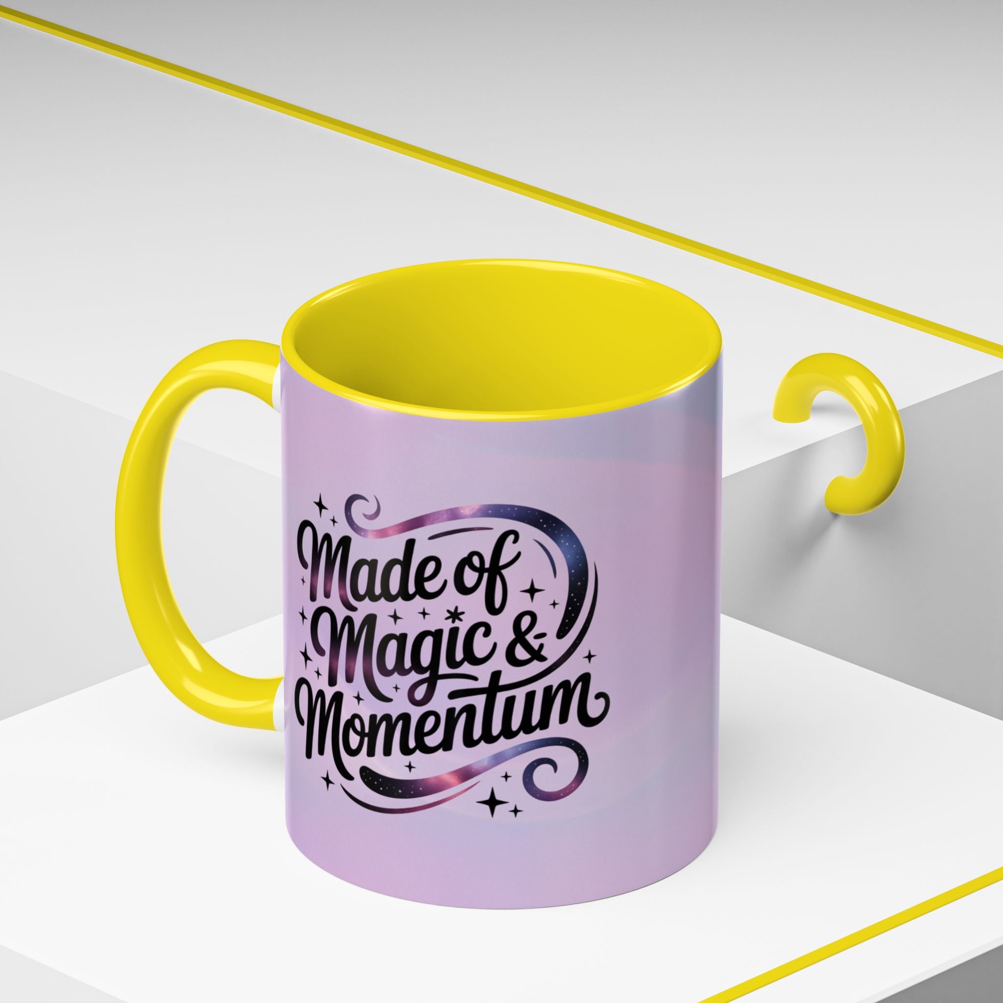 Purple mug with yellow interior and handle, featuring the text 'Made of Magic & Momentum' on a white background.