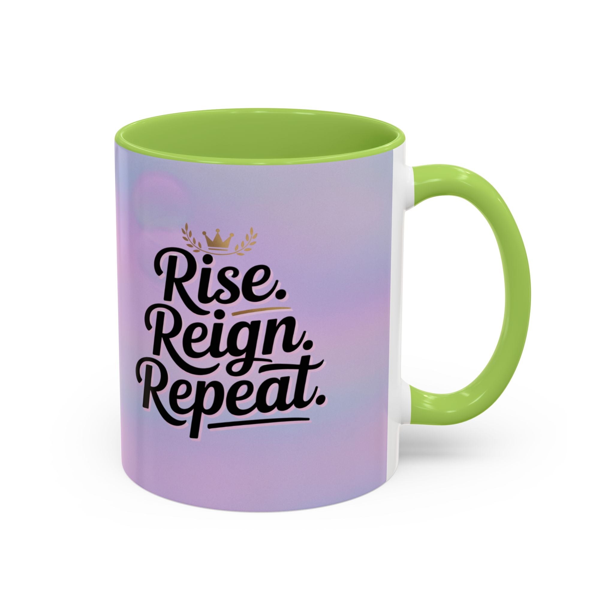 Mug with 'Rise. Reign. Repeat.' text on a gradient background