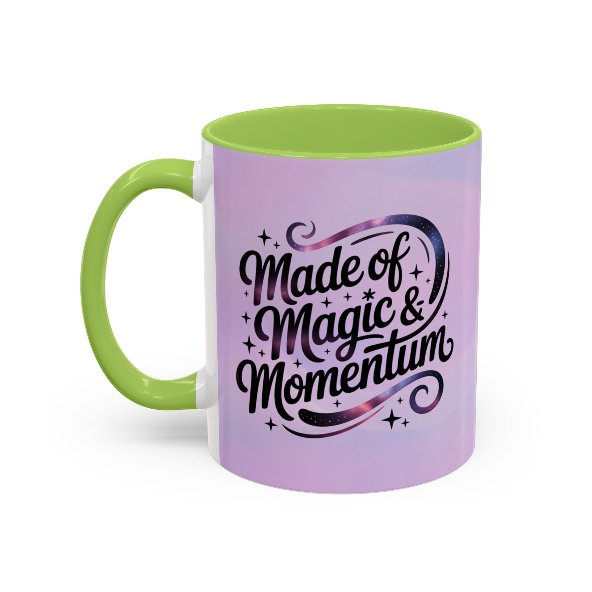 Mug with 'Made of Magic & Momentum' text on a white background
