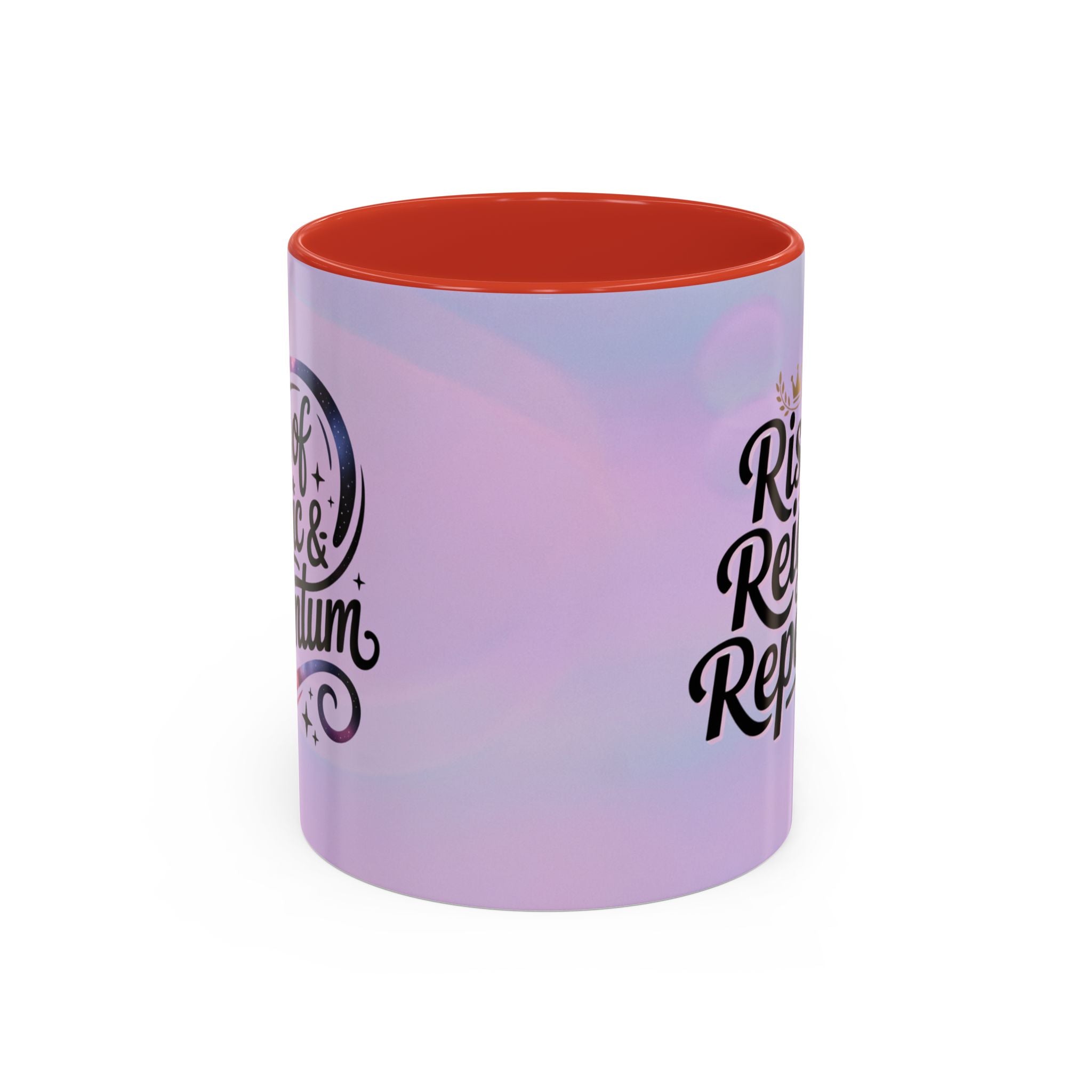 Gradient mug with red interior and black text on a white background