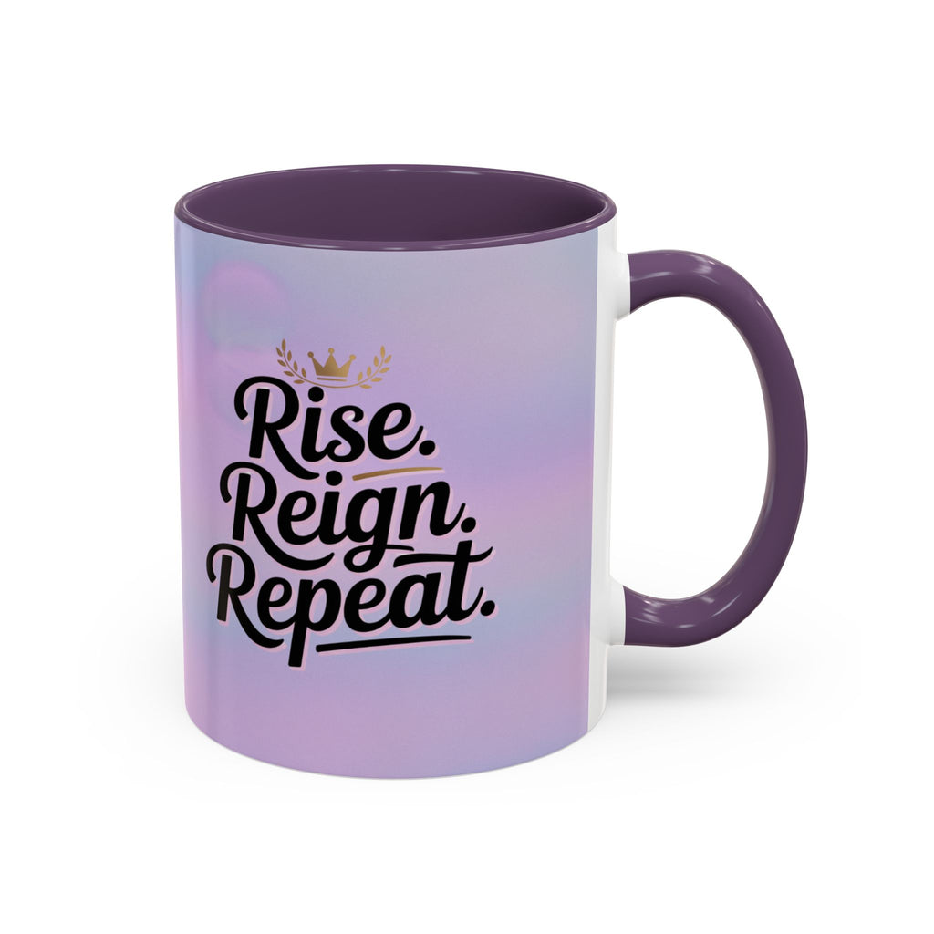 Mug with 'Rise. Reign. Repeat.' text on a gradient purple background