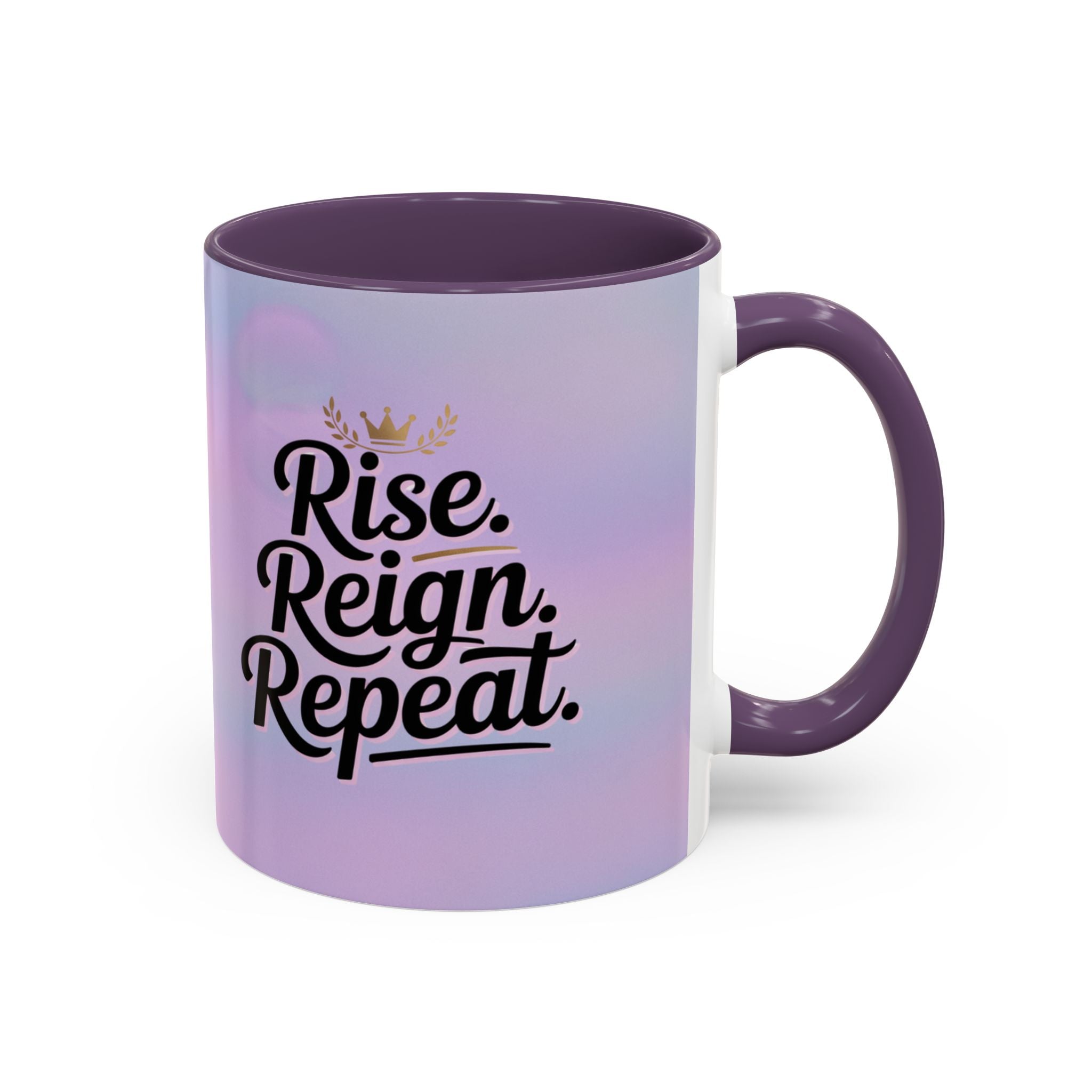 Mug with 'Rise. Reign. Repeat.' text on a gradient purple background