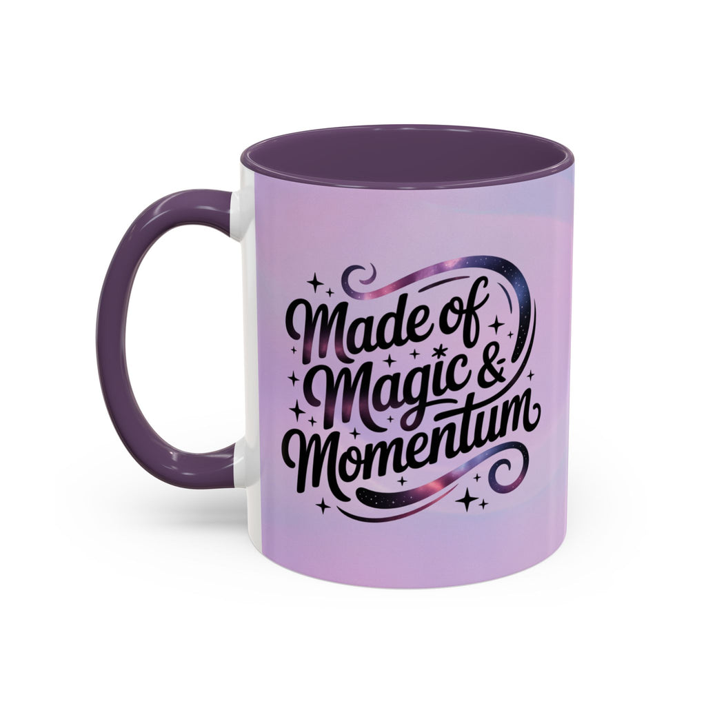 Purple mug with 'Made of Magic & Momentum' text on a white background