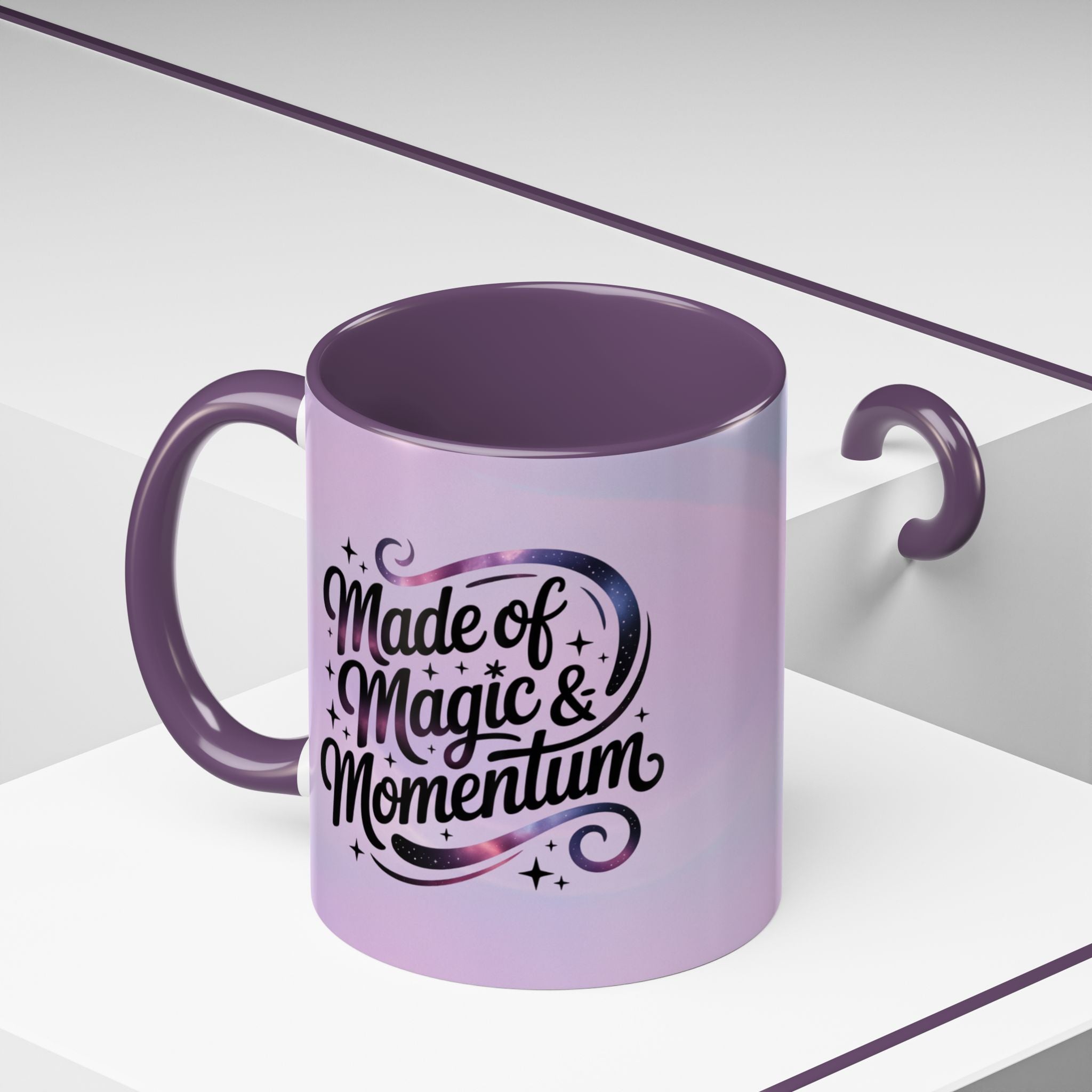 Purple mug with 'Made of Magic & Momentum' text on a white background
