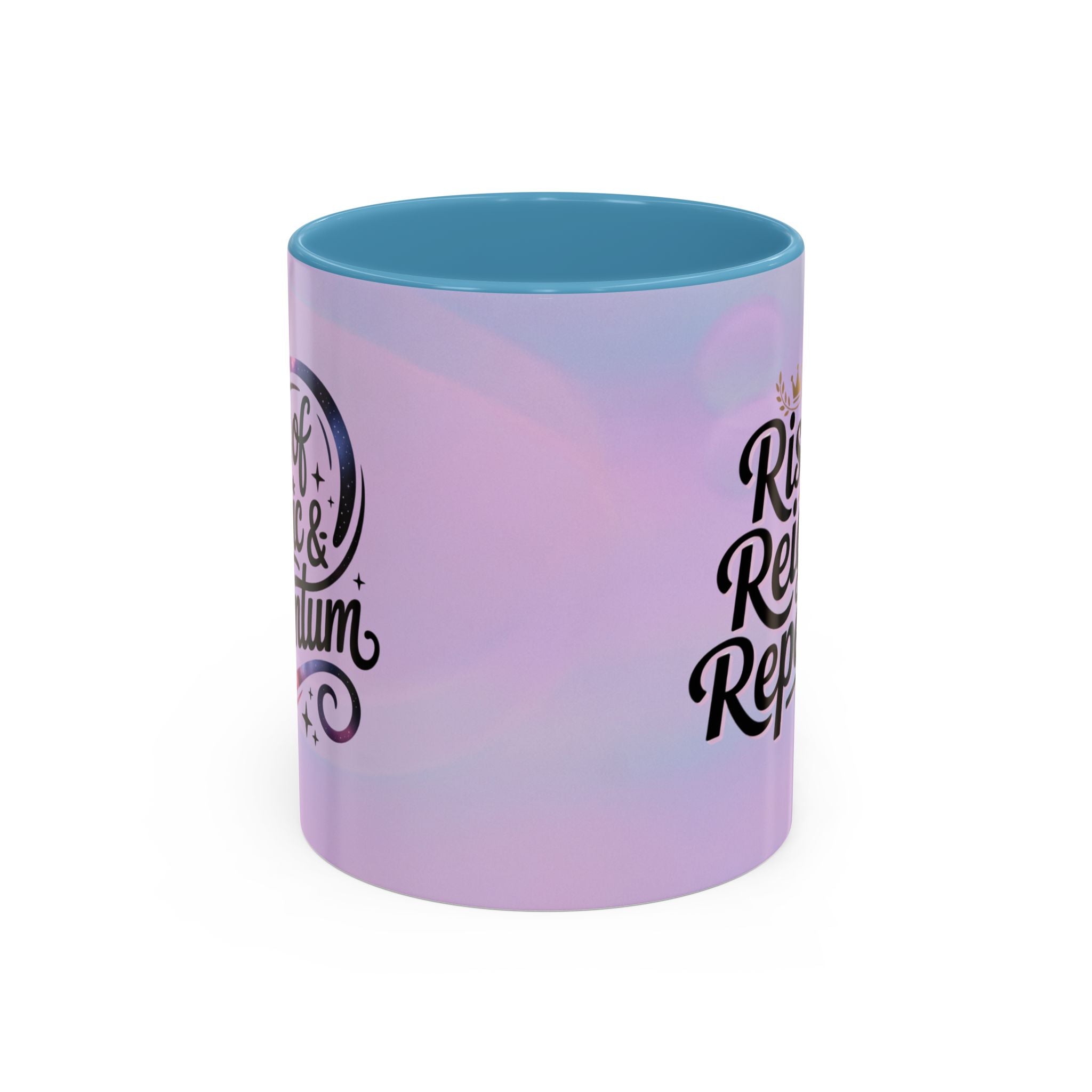 Gradient mug with 'Rimmel' branding on a white background