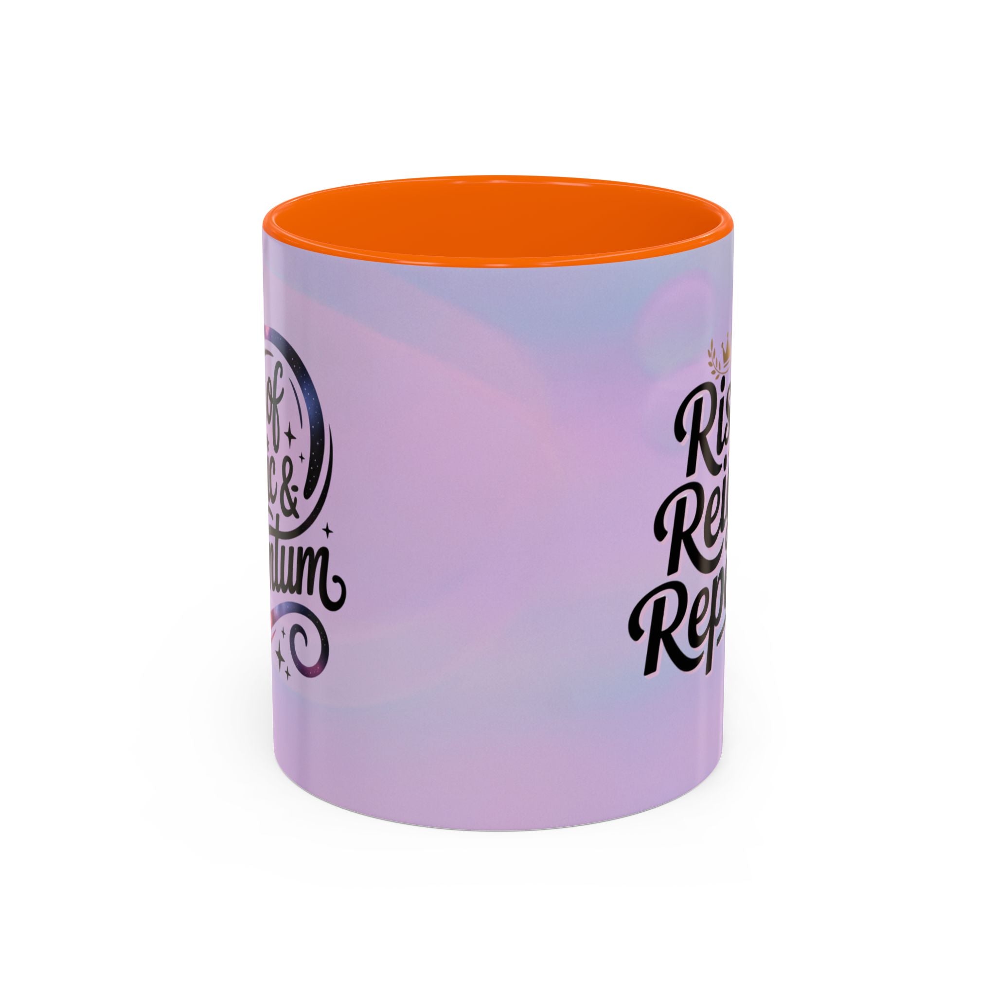 Gradient mug with orange interior and black text on a white background