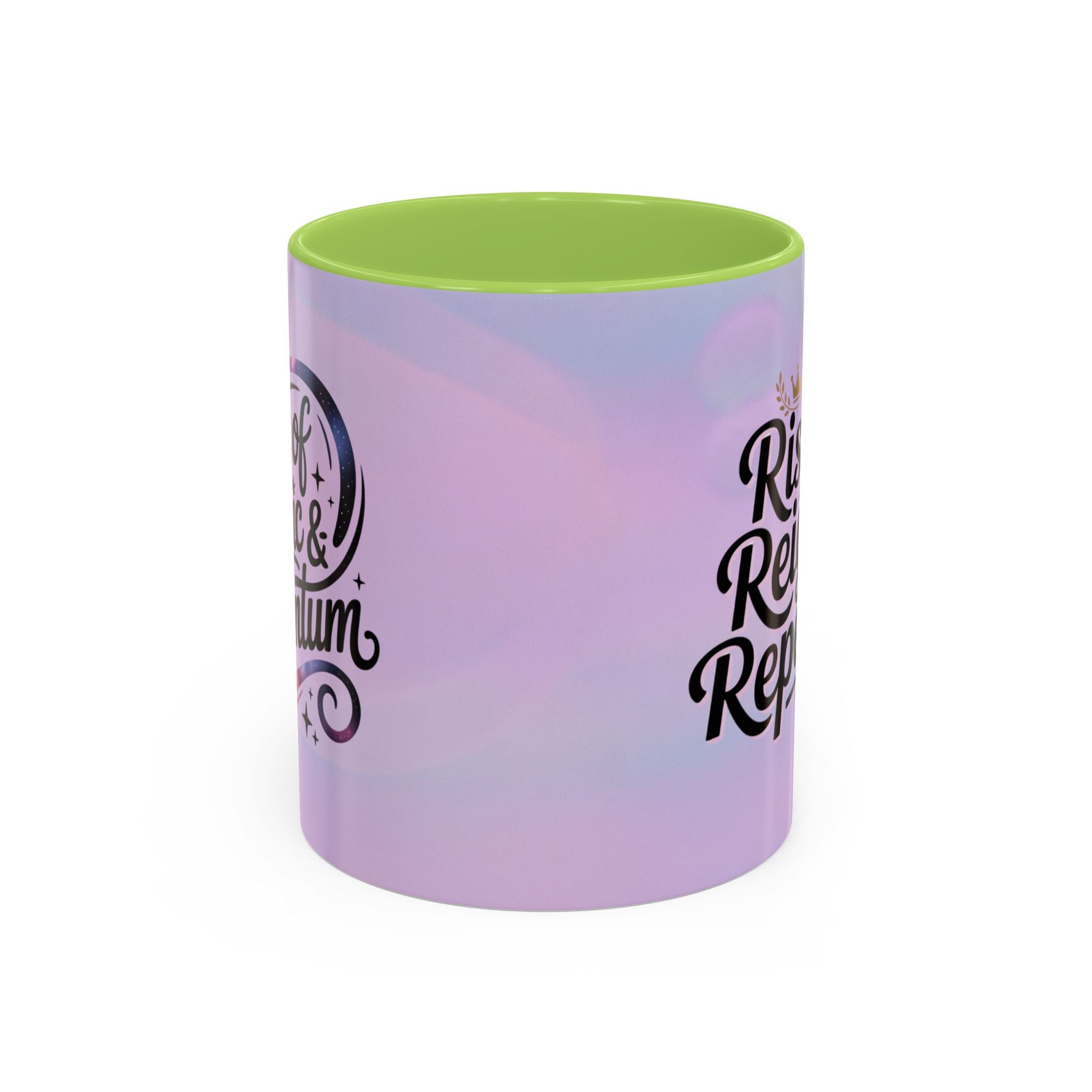 Gradient mug with green interior and 'Rum & Rye' branding on a white background