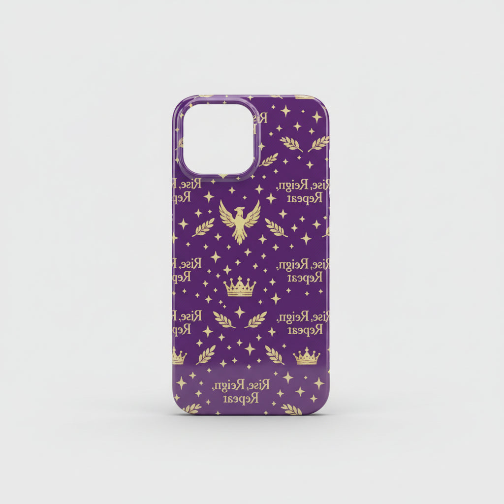 Purple phone case with gold text and designs on a dark surface