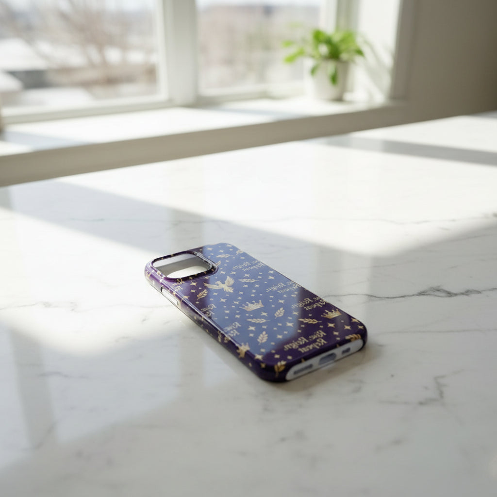 Phone case with gold designs on a marble surface