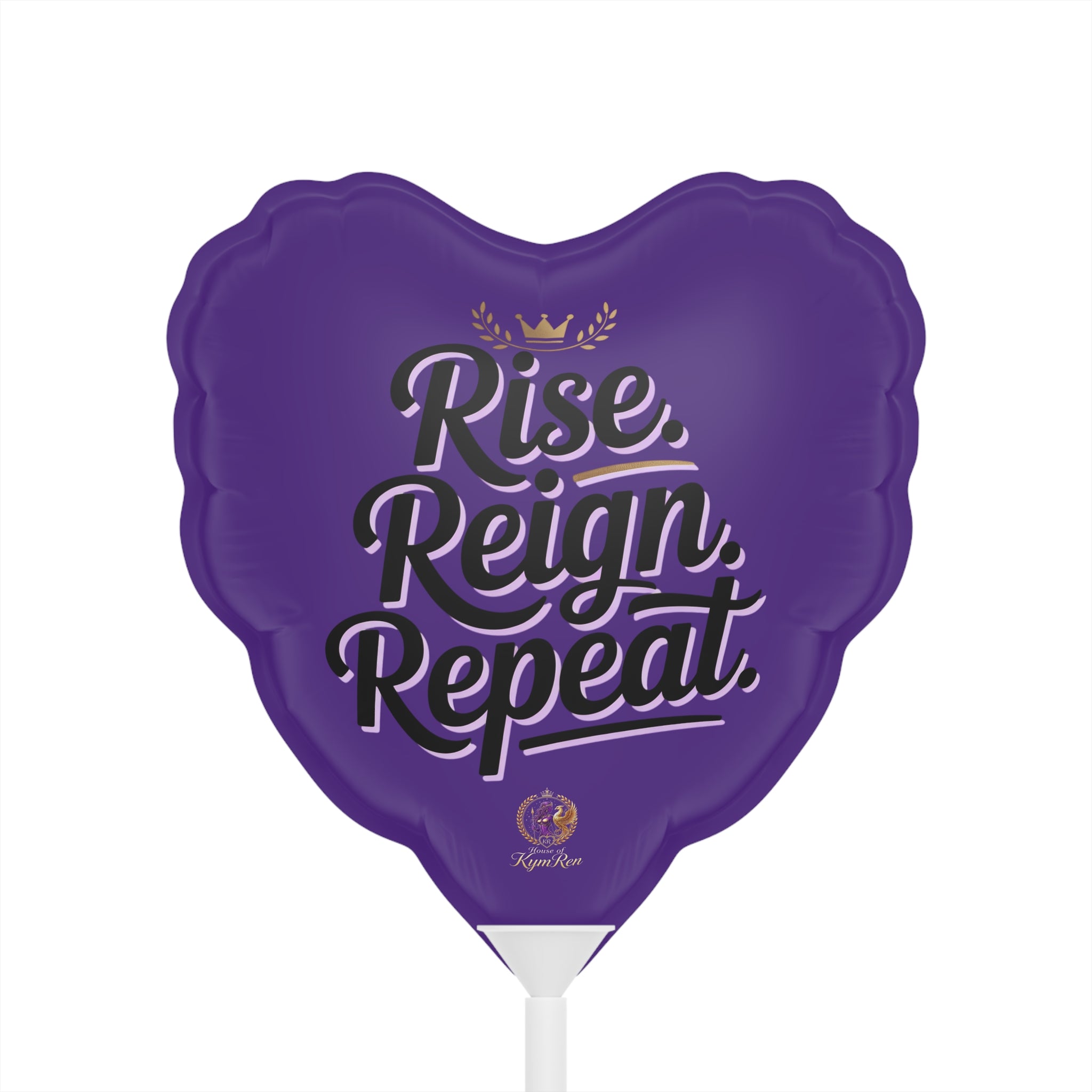 Purple heart-shaped balloon with 'Rise, Reign, Repeat' text on a purple background