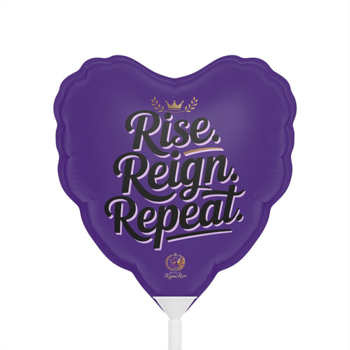 Purple heart-shaped balloon with 'Rise, Reign, Repeat' text on a purple background
