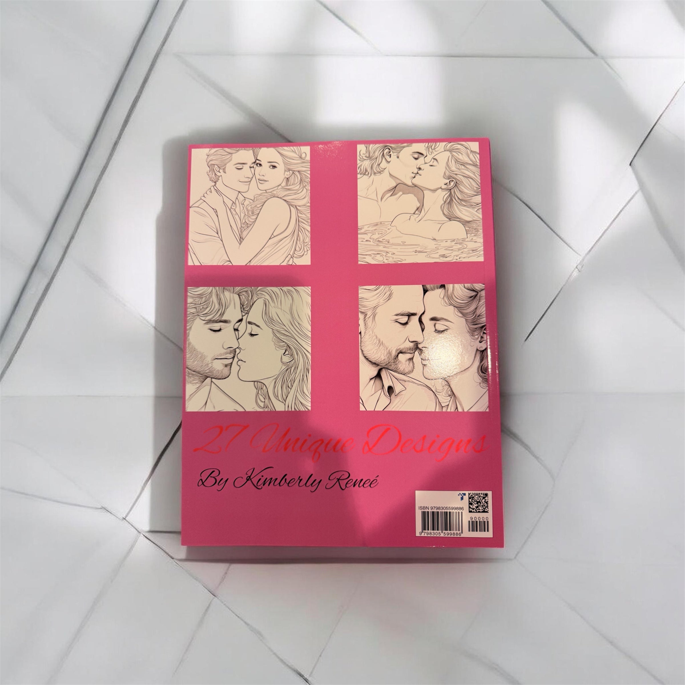 Back cover of Romantic Reflections Coloring Book by KymRen with romantic themed design and product details