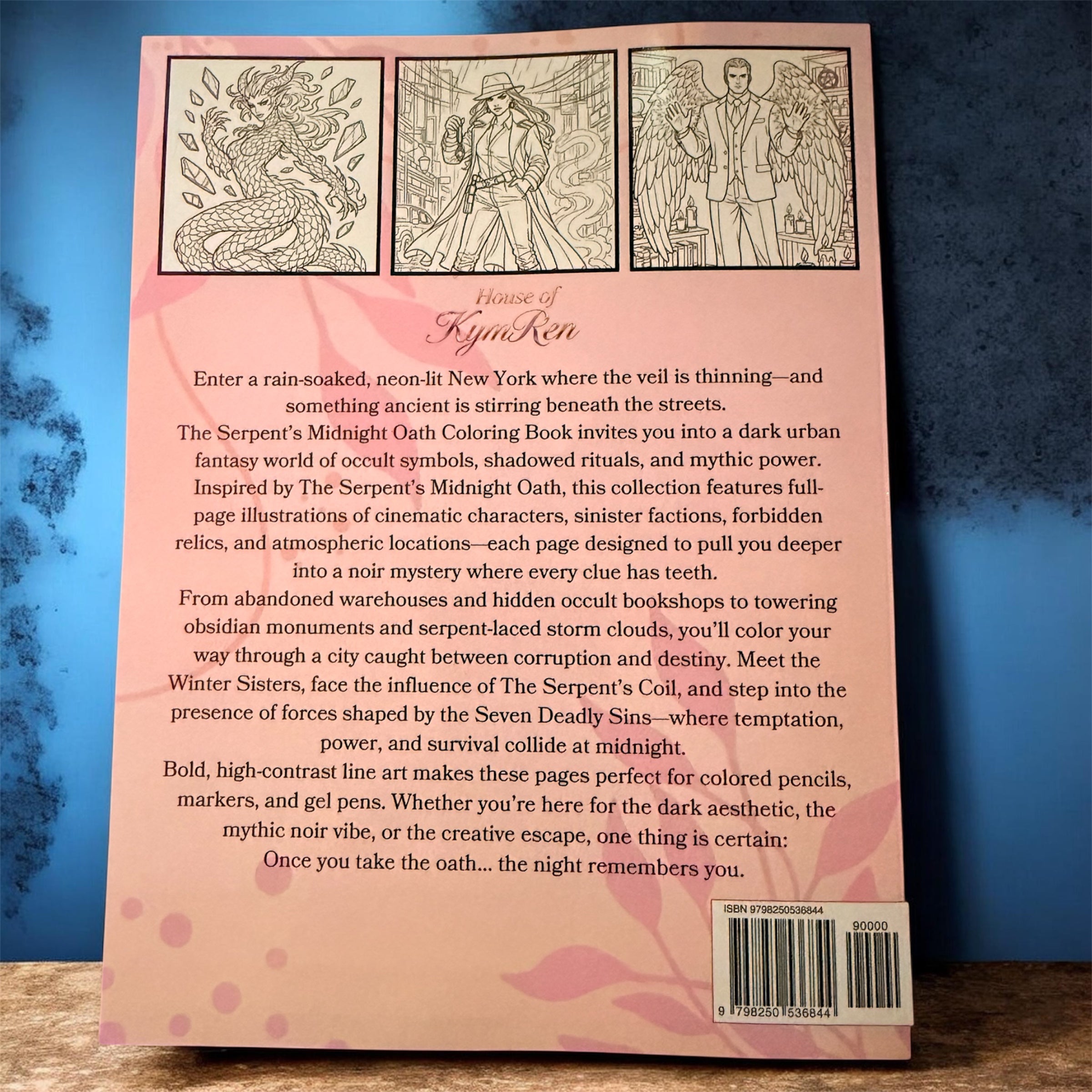 Back cover of a coloring book with illustrations and text on a blue background