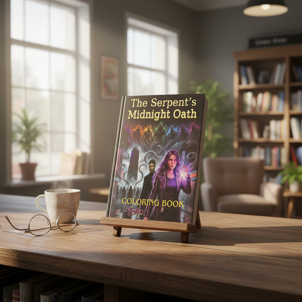 Coloring book titled 'The Serpent's Midnight Oath' on a textured surface with lighting effects.