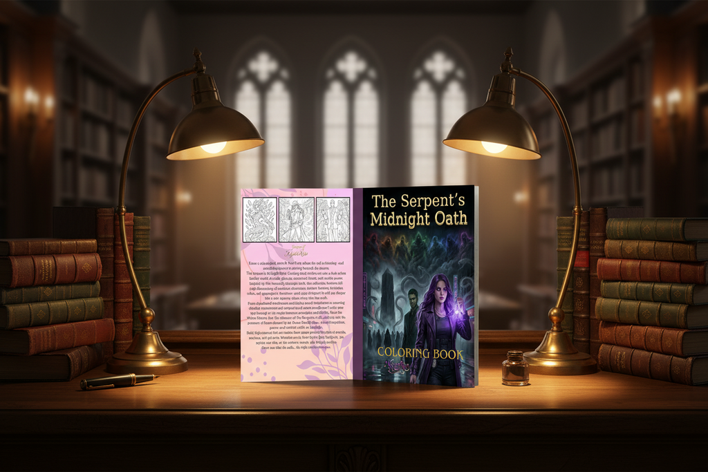 Coloring book titled 'The Serpent's Midnight Oath' with illustrations and text on a pink and black background.