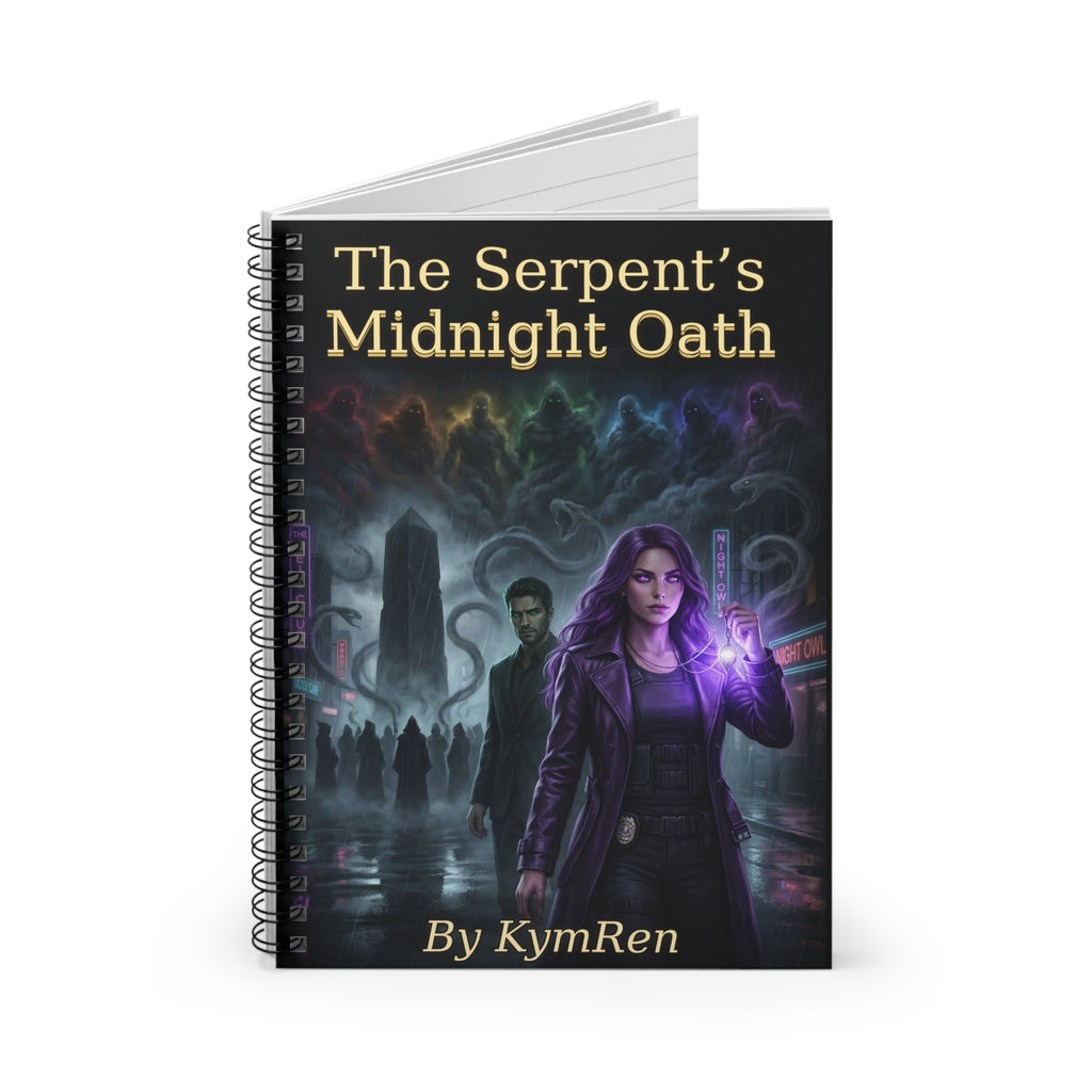 Notebook with 'The Serpent's Midnight Oath' cover featuring a character with purple energy.