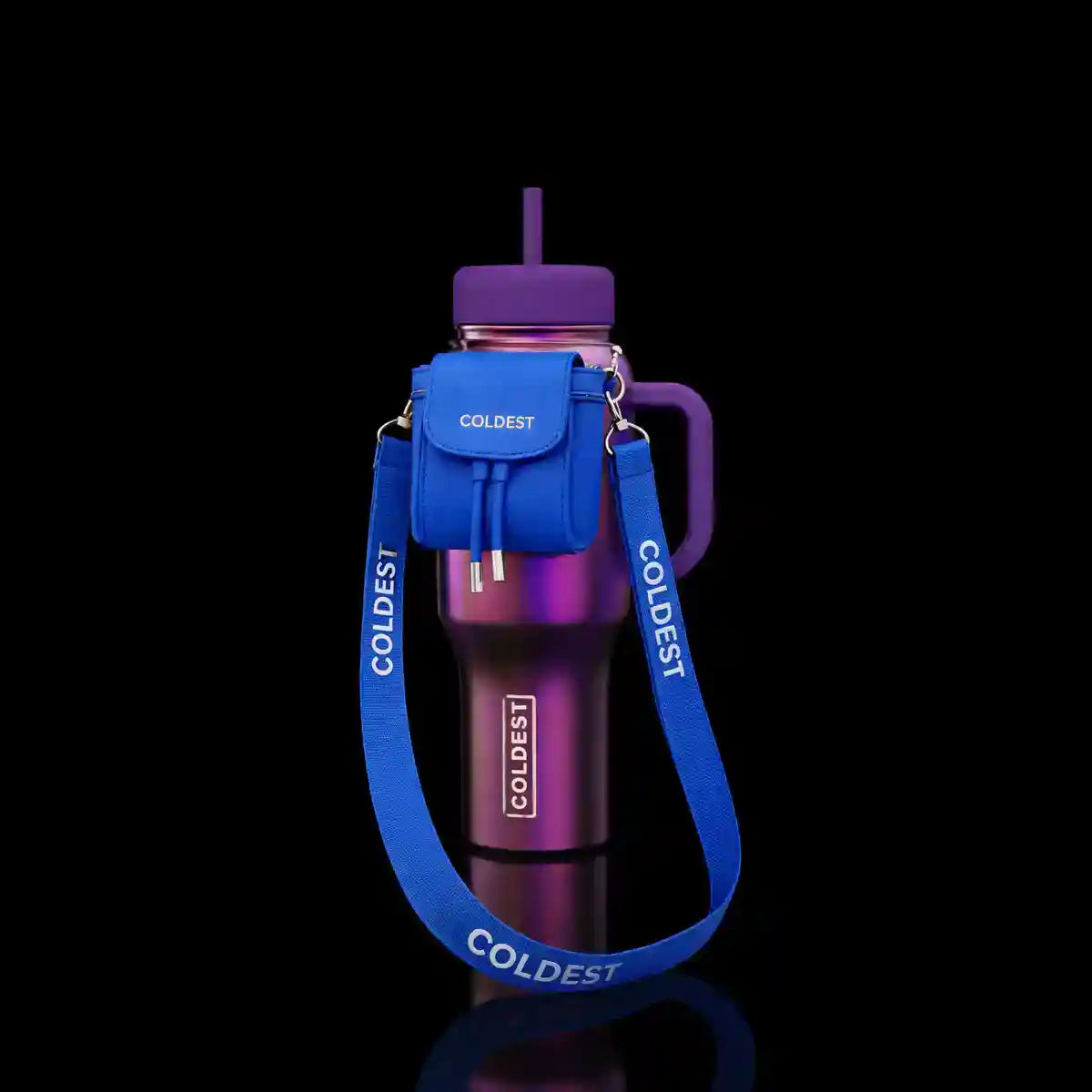 Purple water bottle with blue carrying case and strap on a black background