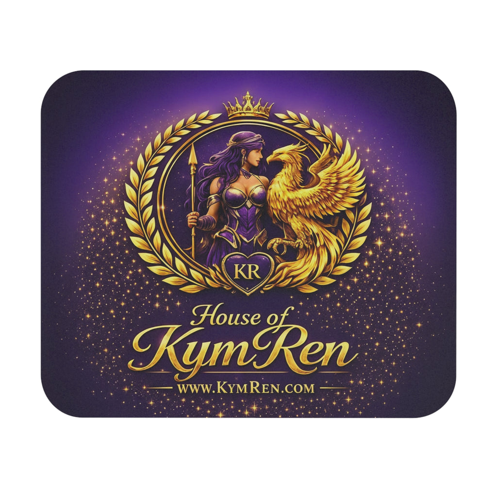 Mouse pad with 'House of Kym Ren' design featuring a warrior and eagle on a purple background.