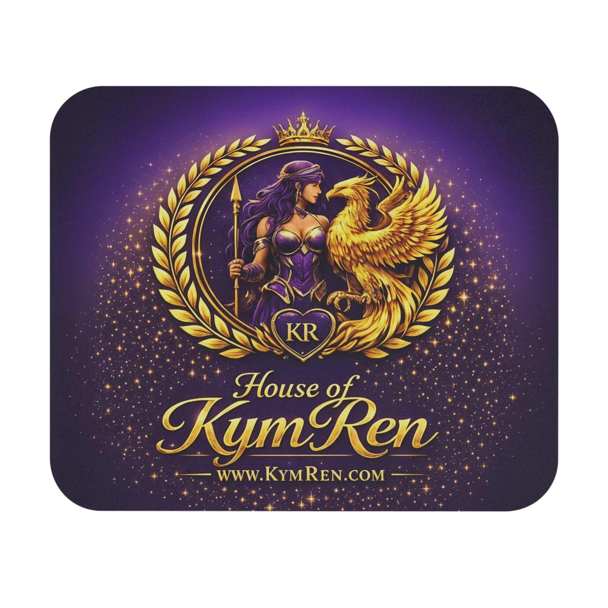 Mouse pad with 'House of Kym Ren' design featuring a warrior and eagle on a purple background.