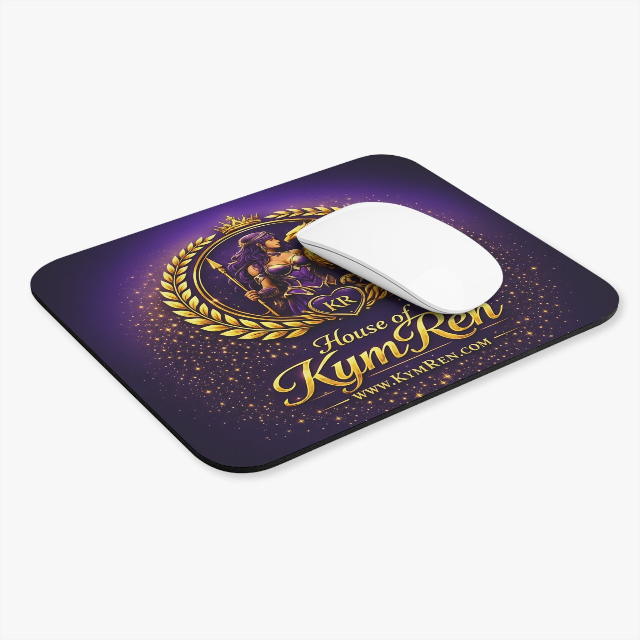 Mouse pad with 'House of KymRen' branding on a purple background