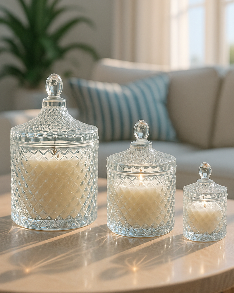 Three glass candle holders with candles inside on a table in a living room setting.