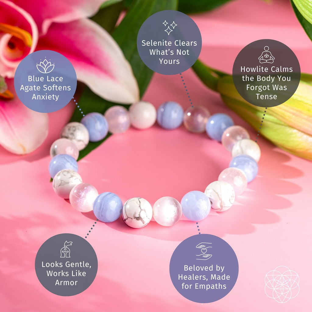 Beaded bracelet with healing properties displayed on a pink background with flowers.